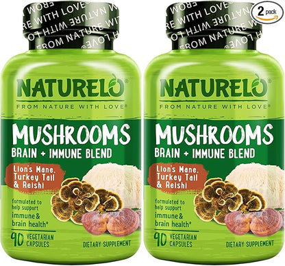 NATURELO Mushroom Supplement – Brain & Immune Health Blend with Lion’s Mane, Reishi, Turkey Tail – 90 Vegan Friendly Capsules (Pack of 2)