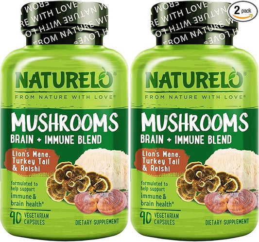 NATURELO Mushroom Supplement – Brain & Immune Health Blend with Lion’s Mane, Reishi, Turkey Tail – 90 Vegan Friendly Capsules (Pack of 2)