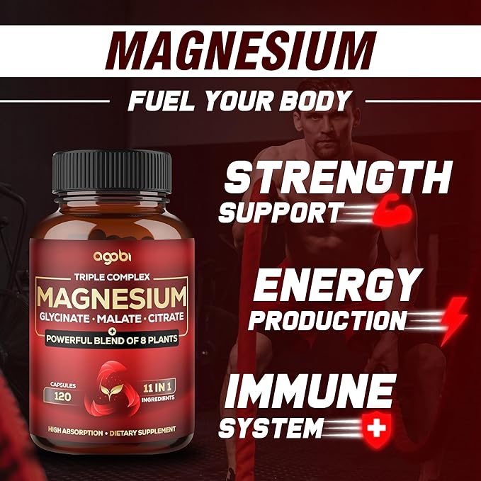 Magnesium Triple Complex - 600mg Magnesium Glycinate, Malate & Citrate - Added Spinach, Swiss Chard & Others - Support Calm, Restful Mood & Muscle Cramp - 120 Capsules