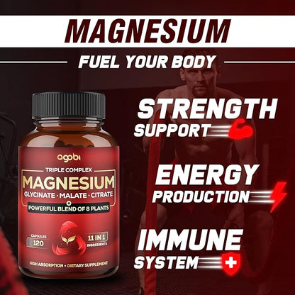 Magnesium Triple Complex - 600mg Magnesium Glycinate, Malate & Citrate - Added Spinach, Swiss Chard & Others - Support Calm, Restful Mood & Muscle Cramp - 120 Capsules