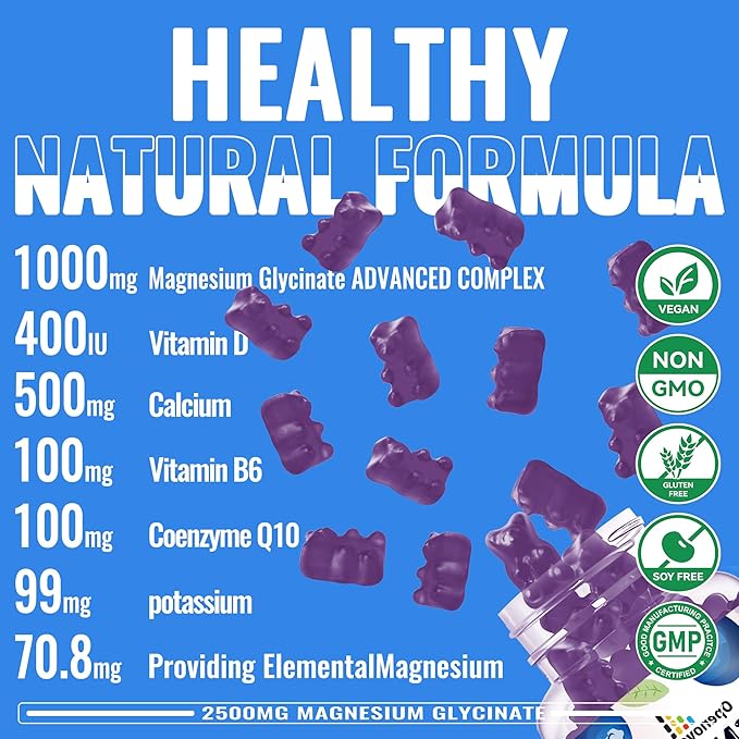 Magnesium Glycinate Gummies 2500mg - Sugar Free Magnesium Potassium Supplement with Vitamin D, B6, CoQ10 for Calm Mood & Sleep Support - 90 Blueberry Gummies
