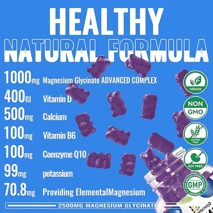 Magnesium Glycinate Gummies 2500mg - Sugar Free Magnesium Potassium Supplement with Vitamin D, B6, CoQ10 for Calm Mood & Sleep Support - 90 Blueberry Gummies