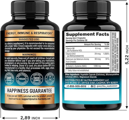 NAC Supplement | Selenium | B6 | B12 - Antioxidant, Immune Support - N Acetyl Cysteine 600 mg per Capsule, 1200 mg per Serving - Made in USA - Non-GMO, Gluten-Free, Vegan - 180 Caps, 3 Month Supply