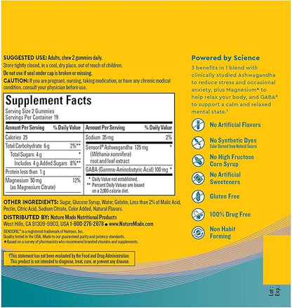 Nature Made Wellblends Calm Mind & Body, Magnesium Citrate, Ashwagandha 125mg & GABA 100mg Blend for Stress Relief, 38 Gummy Vitamins
