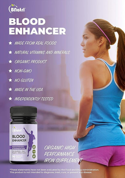 Blood Enhancer, Organic Iron Supplement, Supports Energy, Increase Oxygen-Enhances Red Blood Cell Production Without Nausea or Constipation, Veggie Capsules, Gluten-Free, Non-GMO - 90 Capsules