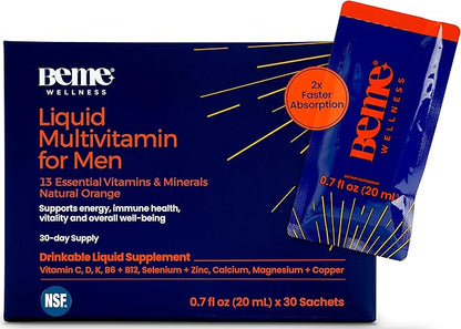 BeMe Liquid Multivitamin for Men - Clinically Tested Mens Multivitamin, 2X Faster Absorption & High Bioavailability - A, B-Complex, C, D, E, K, Calcium, Zinc, Magnesium - Non-GMO, Soy, Dairy Free