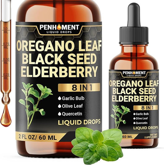 8in1 Oil of Oregano Drops with Black Seed Oil Liquid | Contains Carvacrol | Garlic, Elderberry, Olive Leaf, Quercetin, Bromelain - 2 Fl Oz