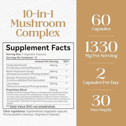 Mushrooms with Cordyceps, Lion's Mane, Shiitake Mushroom Complex for Energy, Immune Health, Brain Support & Overall Wellness | Non-GMO, Gluten-Free, 1300mg Per Serving, 60 Capsules