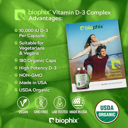 biophix Organic Vitamin D-3 Complex 10000 IU 180 Vcaps with Turmeric - High-Potency Supports Strong Bones Immune Health