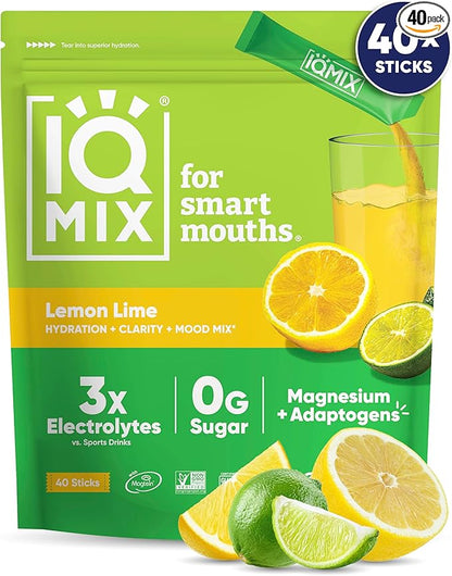 IQMIX Hydration Electrolyte Powder – 4-in-1 Formula for Hydration, Mental Clarity, Mood and Recovery – Sugar-Free Drink Mix, Keto, Magnesium L-Threonate, Lion’s Mane – 40 Count Lemon Lime