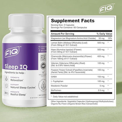 FIQ - Sleep IQ - Sleep Aid - Magnesium Supplement with 5 mg Melatonin, Lemon Balm, & Valerian Root - 60 Capsules