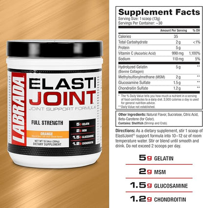 Labrada Nutrition Elastijoint, Orange Flavor,Glucosamine Joint Support Supplement Powder for Men & Women, Joint Relief & Bone Health Supplement with MSM, Glucosamine Chondroitin MSM Gluten-Free
