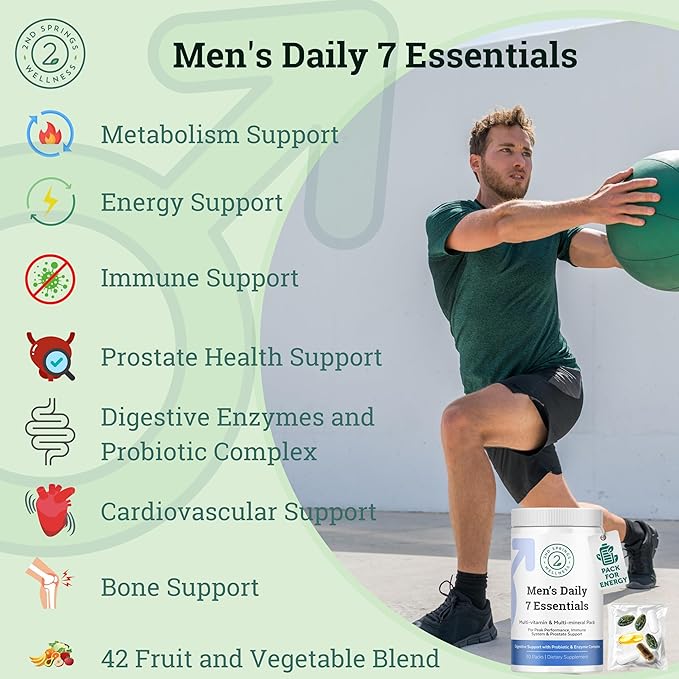 Daily 7 Essentials Men's Vitamin Pack - 7 Pack Adult Male Multivitamin & Multimineral Pack for Energy, Metabolism, Immune System Support, Prostate Support with Probiotic, Digestive Enzymes