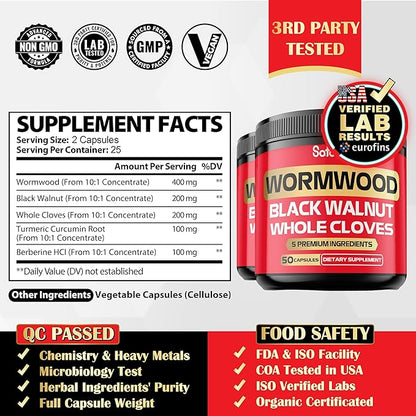Satoomi [2 Packs - 50 Capsules - 5 in 1 Wormwood Capsules Supplement - Extracted from Black Walnut Whole Cloves Turmeric and Berberine HCl Immune System & Digestion Health