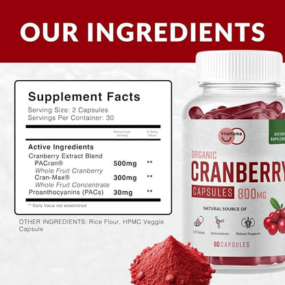 Organic Cranberry Extract Capsules, 800 MG Per Serving, Whole Fruit Cranberry & Cran-Max, Natural Source of Proanthocyanidins (PACs), Antioxidants & Nutrients, Vegan, Non GMO, 60 Capsules