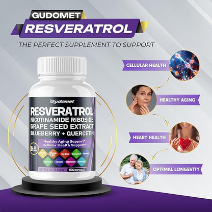 Trans-Resveratrol Grape Seed Nicotinamide Riboside Blueberry Quercetin Turmeric Milk Thistle Berberine - Healthy Aging - 150 Capsules- Made in USA