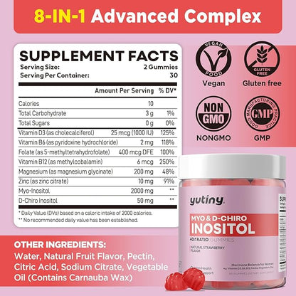 Myo-Inositol & D-Chiro Inositol Gummies, Vitamin B6 B12 & Folate for Women, Vegan, Sugar Free, Strawberry Flavor, 60 Count