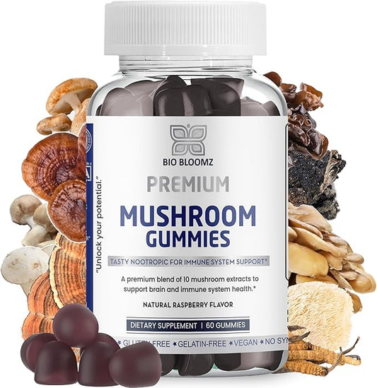 Premium Mushroom Gummies for Adults - Lion's Mane Supplement Gummy with Turkey Tail, Shiitake, Cordyceps, Reishi, Chaga, Maitake Mushroom Gummy - Energy Nootropics Brain Support Supplement