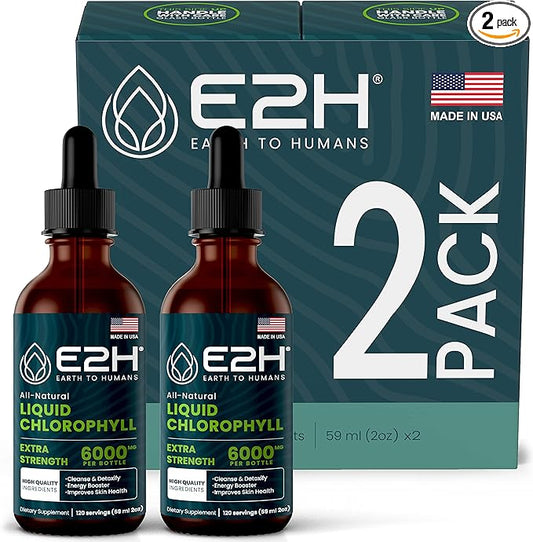 E2H Chlorophyll Liquid Drops - Energy Booster, Digestion, Immune System Support and Internal Deodorant - Vegan - Gluten Free - Non-GMO - (2 Bottles)