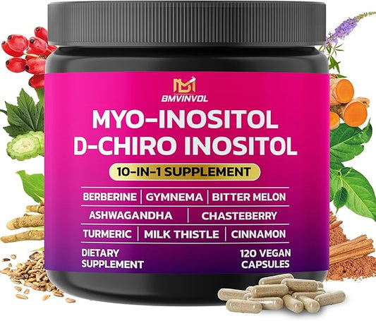 BMVINVOL Inositol Supplement - Myo-Inositol and D-Chiro Inositol Ideal 40:1 Ratio - Plus Berberine, Cinnamon, Ashwagandha + 5 More - 120 Capsules