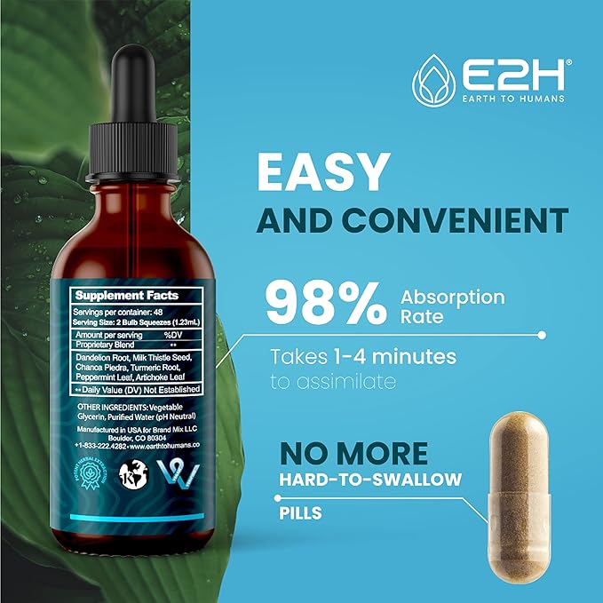 E2H Liver Support Supplement with Milk Thistle - Liver Health Formula - Artichoke Extract, Dandelion Root, Chanca Piedra, and More - Absorbent Liquid Formula (2 Bottles)