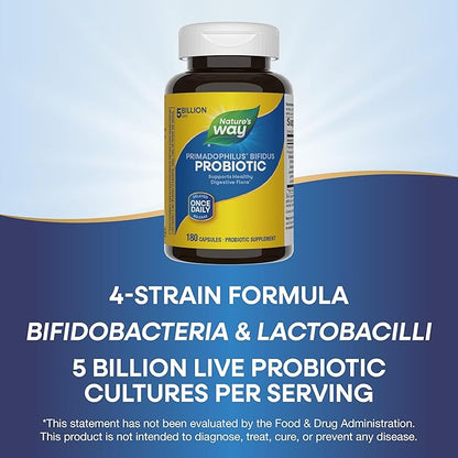 Nature's Way Primadophilus Bifidus Probiotic, Supports Digestive Flora*, 5 Billion Live Probiotic Cultures per Capsule, Lactobacilli, Bifidobacteria, 180 Capsules (Packaging May Vary)