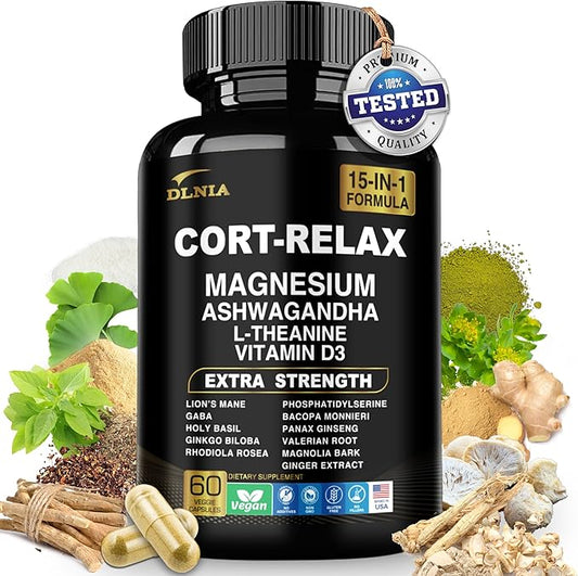 Super Calm Cortisol Supplement with Magnesium Glycinate, Ashwagandha, L-Theanine, Phosphatidylserine, Ginkgo Biloba & Lions Mane for Calm, Focus, Mental Clarity, Relaxation, Sleep, Energy