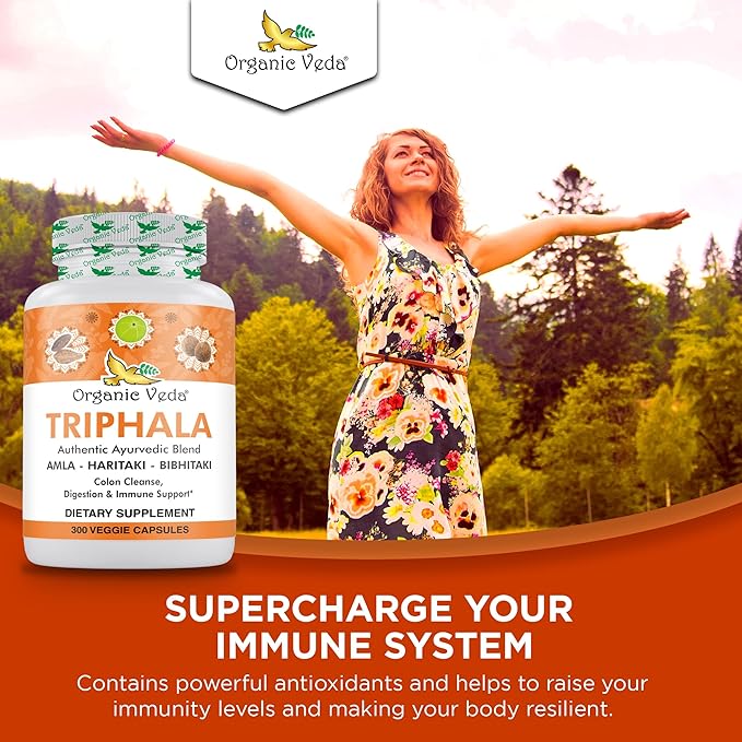 Organic Veda Triphala Powder 300 Capsules, 1000mg - Organic Triphala Supplement for Colon Cleanse, Immune, Gut & Digestion Health - Whole Green Antioxidants Amla, Haritaki & Bibhitaki - Vegan Pills