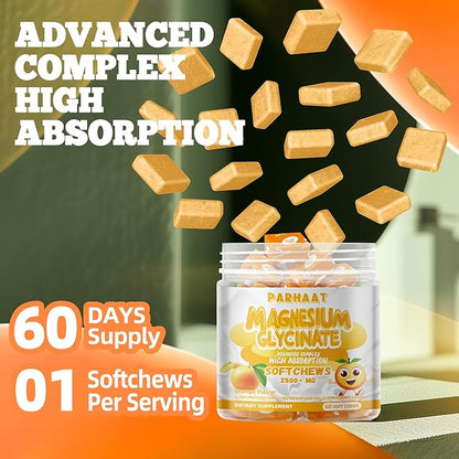 Magnesium Glycinate Soft Chews, Orange Flavor.Chewable Sugar Free Potassium Magnesium Chews with Magnesium Glycinate, Vitamin D, B6, and CoQ10 for Calm Support & Sleep for Adults, 60 Days Supply