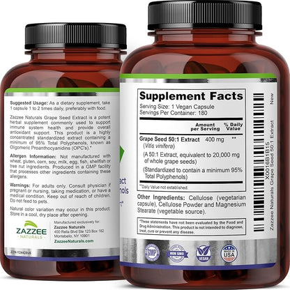 Zazzee High Strength Grape Seed 50:1 Extract, 180 Vegan Capsules, 95% Polyphenols, 400 mg per Capsule, 6 Month Supply, Standardized and Concentrated 50X Extract, Non-GMO, Made in The USA