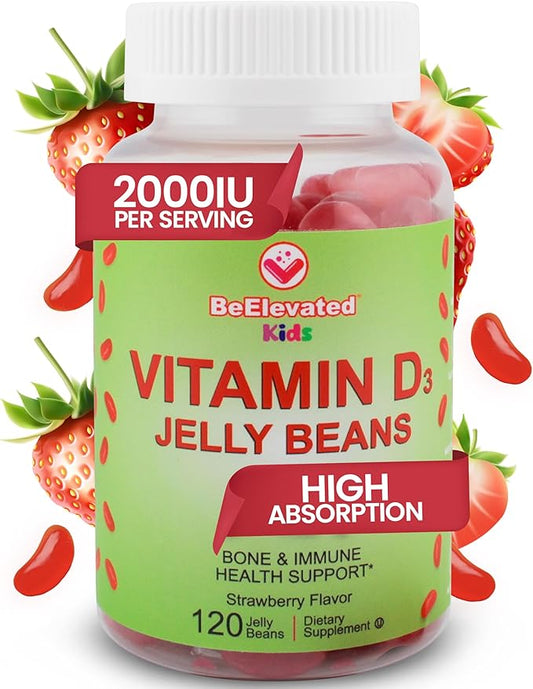 Vitamin D3 Jelly Beans - Chewable Vitamins Gummies for Kids Immune Support - Multivitamin Supplements for Bone & Joint Support - 2,000 IU Vegetarian Gummy - 120 Strawberry Flavor Beans
