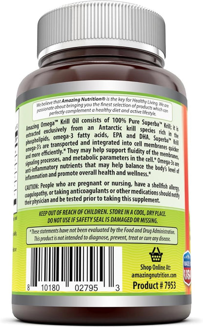 Amazing Omega Superba Krill Oil 1000 Mg Per Serving 60 Softgels (Non-GMO,Gluten Free) - Omega 3 Fatty Acids with 120 mg EPA & 56 mg DHA