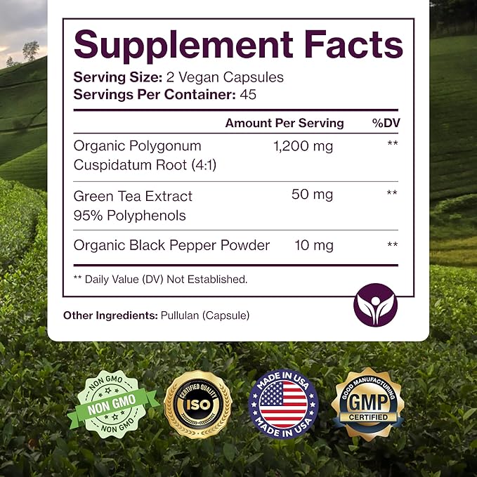 Organic Resveratrol Supplement – Trans-Resveratrol Capsules with Green Tea & Black Pepper – Highly Purified & Bioavailable - 90 Vegan Caps