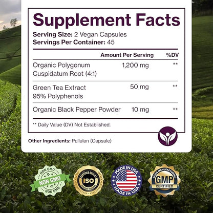 Organic Resveratrol Supplement – Trans-Resveratrol Capsules with Green Tea & Black Pepper – Highly Purified & Bioavailable - 90 Vegan Caps