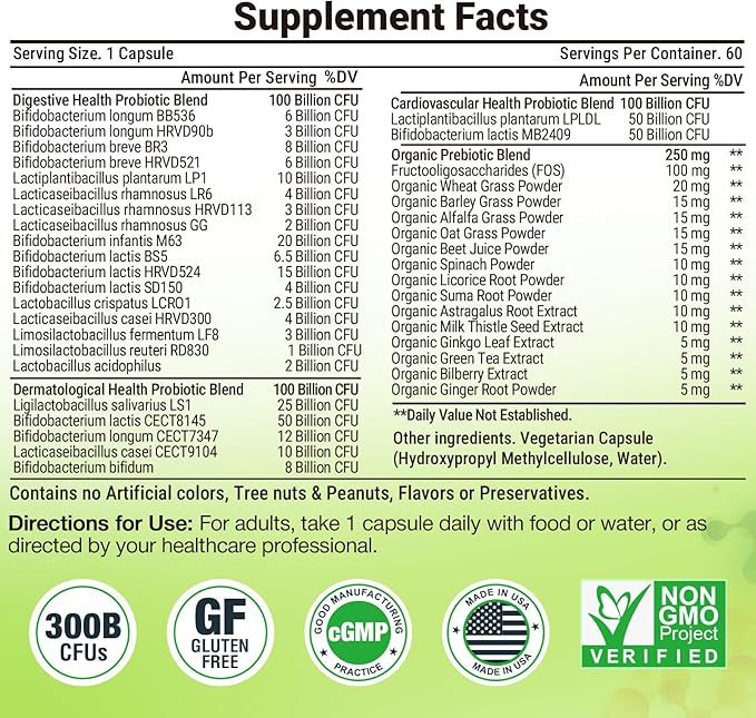 Probiotics for Women Men- 300 Billion CFU, 24 Strains Probiotic+15 Organic Herbs Prebiotics Blend, Pre and Probiotics, for Digestive Health, Immune & Gut, Diarrhea, Bloating, Vegan, 4 Month Supply
