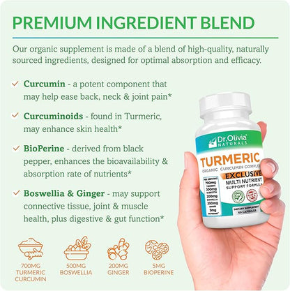 Dr. Olivia's Organic Turmeric Complex with Curcumin Boswellia Ginger & BioPerine - 60 Capsules