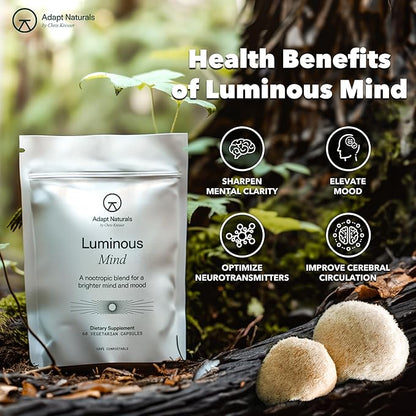 Adapt Naturals Luminous Mind Nootropic Brain Supplement with Ginkgo Biloba, Bacopa and Lions Mane | Memory, Focus, Mental Clarity and Elevated Mood Support | No Caffeine, Crash Free - 30 Days Supply