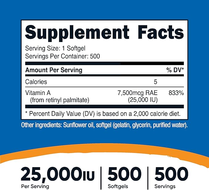 Nutricost Vitamin A 25000 IU, 500 Softgels, Non-GMO, Gluten Free
