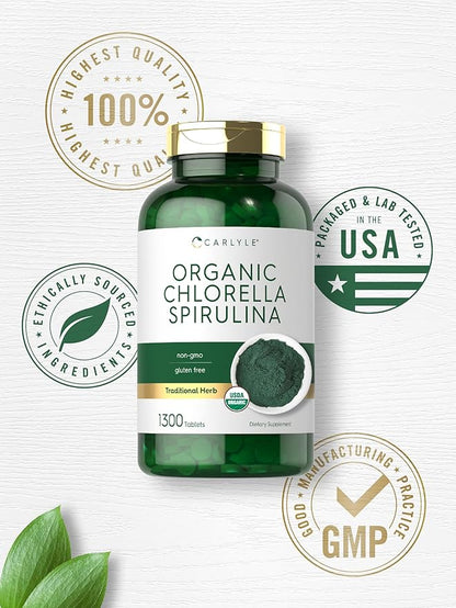 Carlyle Organic Chlorella Spirulina Tablets | 1300 Count | 50/50 Blend | Non-GMO and Gluten Free Supplement