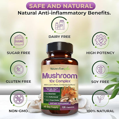 10-in-1 Mushroom 10x Complex Supplement | Lions Mane, Reishi and Cordyceps & More | Nootropic for Brain Health, Memory & Focus | Immunity & Energy - (120 Capsules - 60 Day Supply)