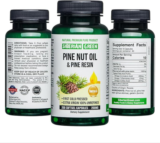 Pine Nut Oil w/Pine Resin Capsules 200 Softgels Wild Harvested Siberia Altai Cold Pressed Unrefined