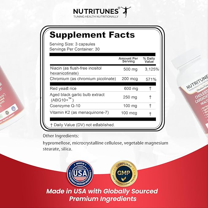 Cholestunes –Cholesterol & Heart Health Support Advanced Supplement Red Yeast Rice (RYR), Aged Black Garlic CoQ10, Niacin (Flush-Free), Chromium & Vitamin K2– 90 Capsules