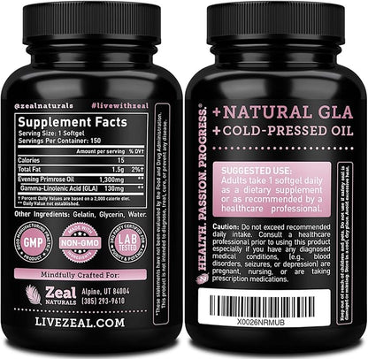 Evening Primrose Oil Capsules (150 Liquid Softgels | 1300mg) Premium Evening Primrose Oil – Natural-Sourced Hormone Support Supplement for Women - Cold Pressed w. 10% GLA
