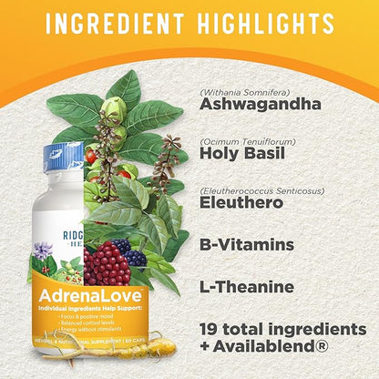 Ridgecrest Herbals AdrenaLove, Stress and Energy Support Supplement with Ashwagandha, L-Theanine, Ginseng, Schisandra, Taurine, Holy Basil, Adaptogens, B Vitamins (60 Vegan Caps, 30 Serv)