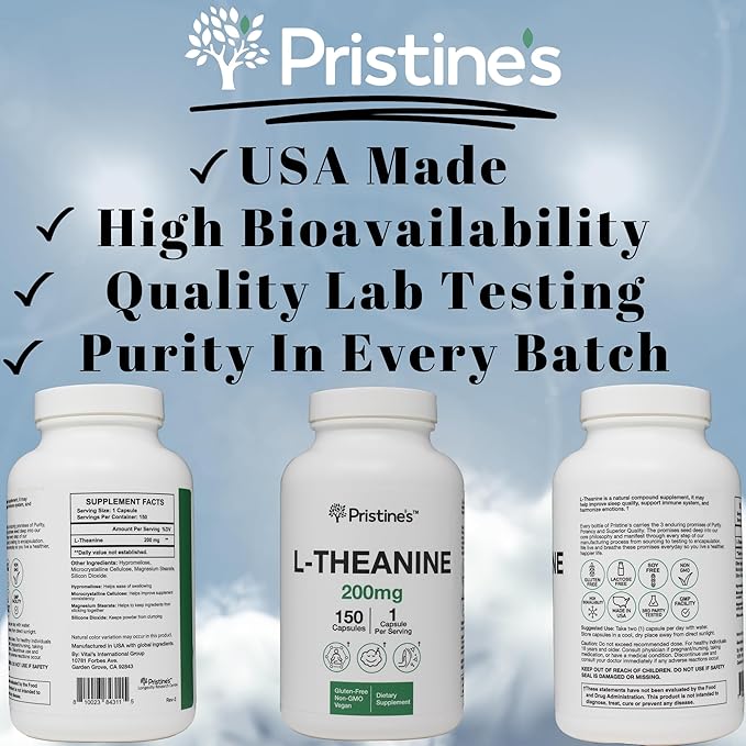 PRISTINE'S L Theanine Sleep Quality Support Amino Acid Supplement - 200MG 150 Day Supply - Relaxation & Mood Support Capsules - Vegan Non-GMO & Gluten Free