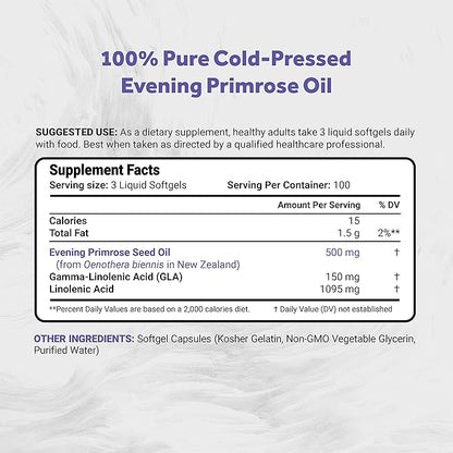 Evening Primrose Oil (Cold Pressed) | 100% Natural from New Zealand | Non-GMO, Soy & Gluten Free, Zero Filler | 300 Mini-Softgels