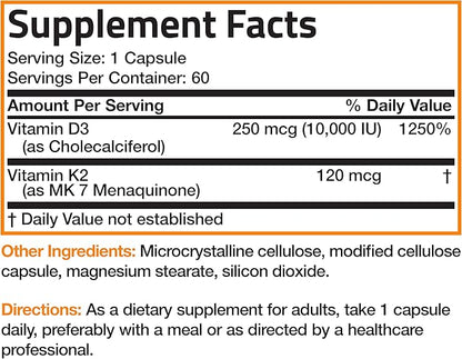 Bronson Vitamin K2 (MK7) with D3 Extra Strength Supplement Bone Health Non-GMO Formula 10,000 IU & 120 mcg MK-7 Easy to Swallow D K, 60 Capsules