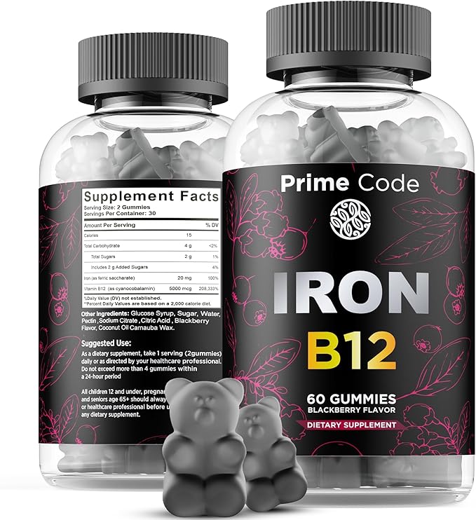 Iron Gummies for Women & Men with Vitamin B12, 20mg Iron Supplement for Adults, Free Blood Builder for Anemia, Vitamin B12 Gummies with Iron & Natural Blackberry Flavor, Vegan, Non-GMO, 30 Day Supply