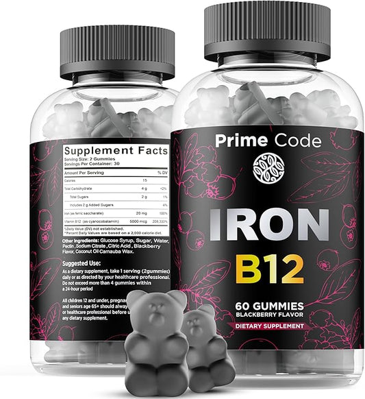 Iron Gummies for Women & Men with Vitamin B12, 20mg Iron Supplement for Adults, Free Blood Builder for Anemia, Vitamin B12 Gummies with Iron & Natural Blackberry Flavor, Vegan, Non-GMO, 30 Day Supply