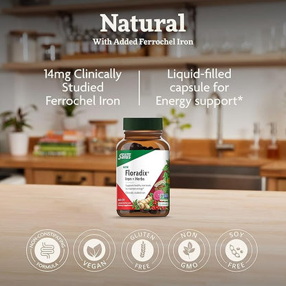 Floradix Iron + Herbs - Iron Supplement for Healthy Energy Support* - Vegan, Non-GMO, Gluten-Free, Soy-Free - 60 Liquid Phyto-Caps